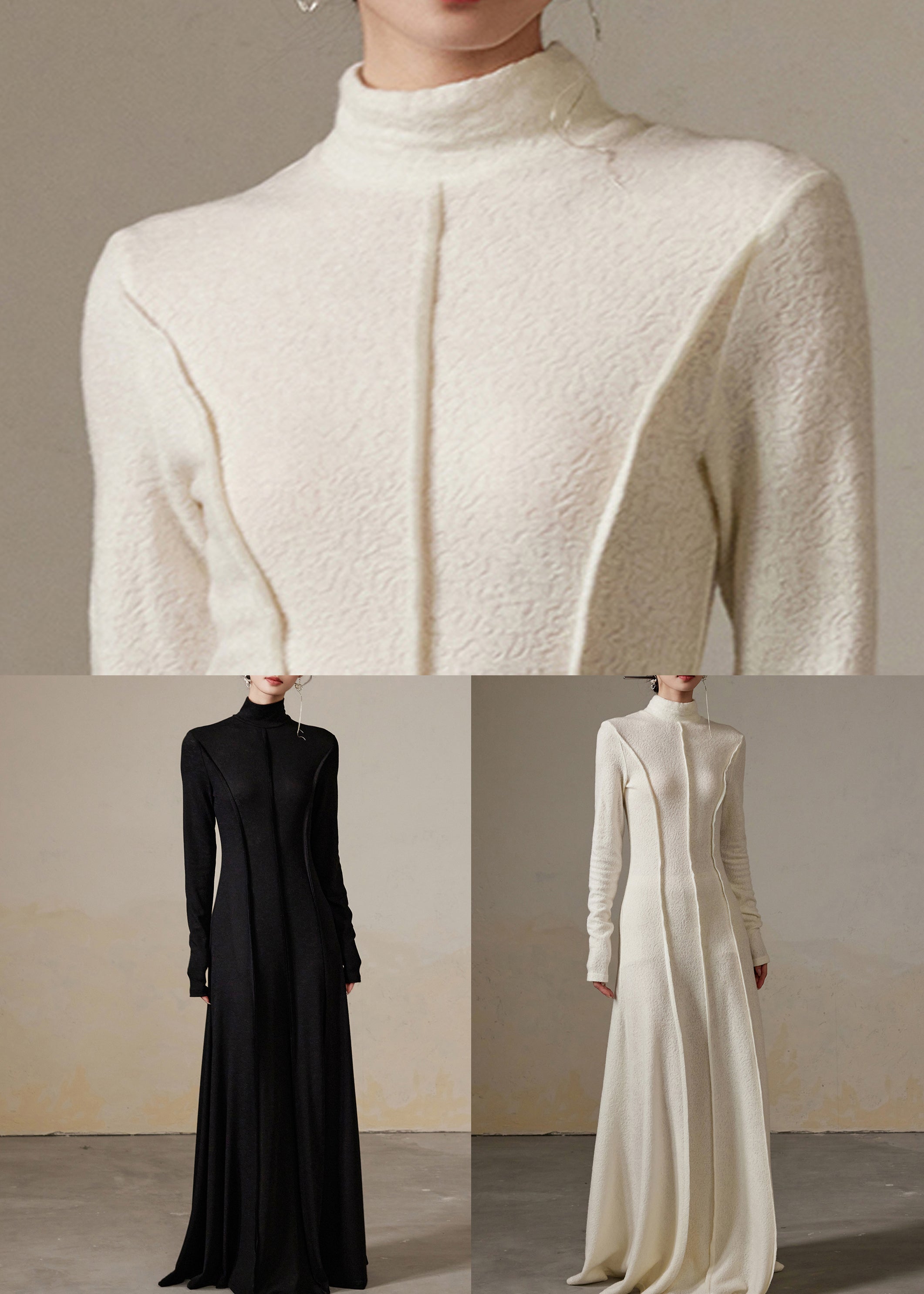 Black Wrinkled Solid Cotton Long Dresses Turtleneck