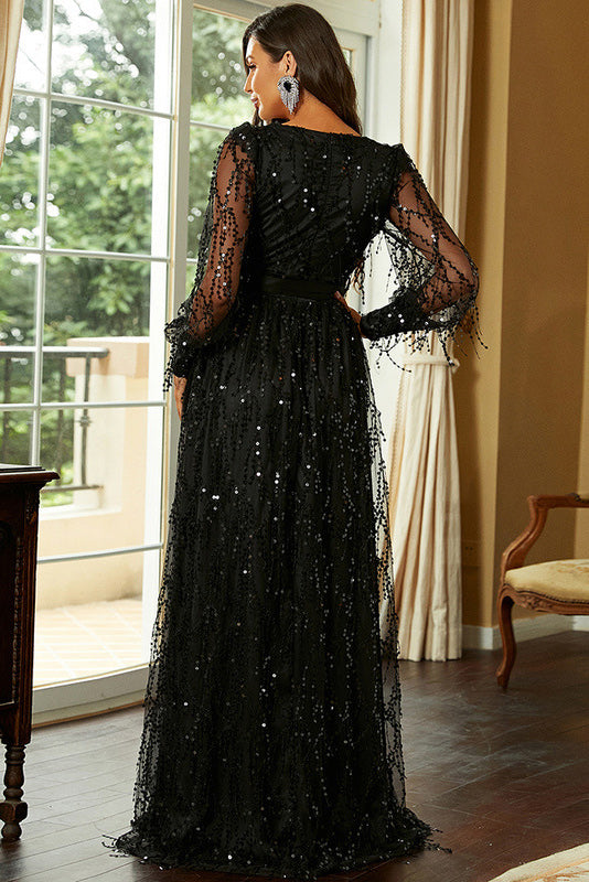 Black A-Line Long Sleeve Formal Gown Evening Prom Dresses - Fashionpara