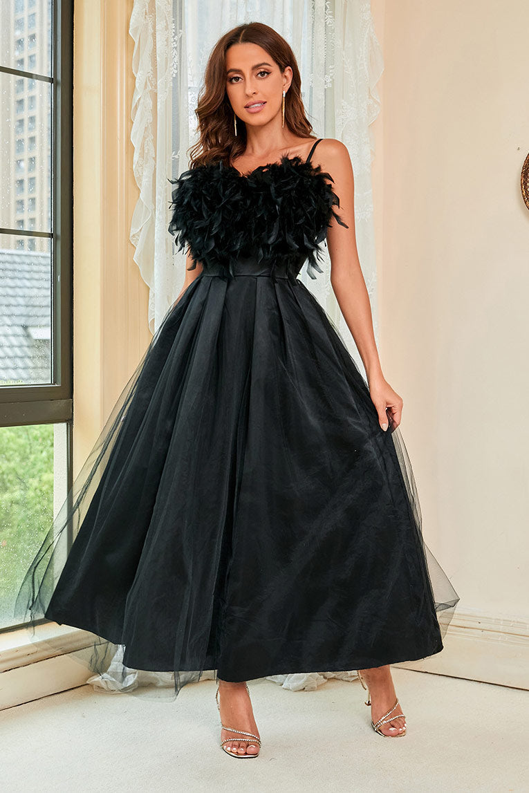Black A-Line Prom Dress Formal Gown With Feather - Fashionpara