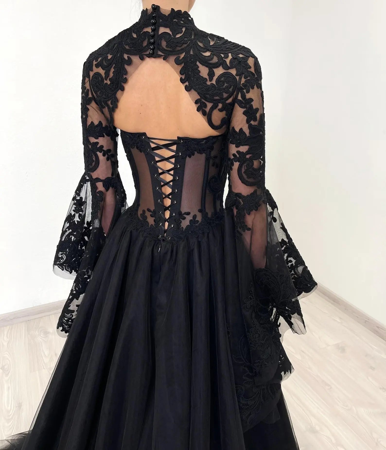 Black Luxury Gothic  Wedding Dress Sheer Lace Ball Gown  ZP029