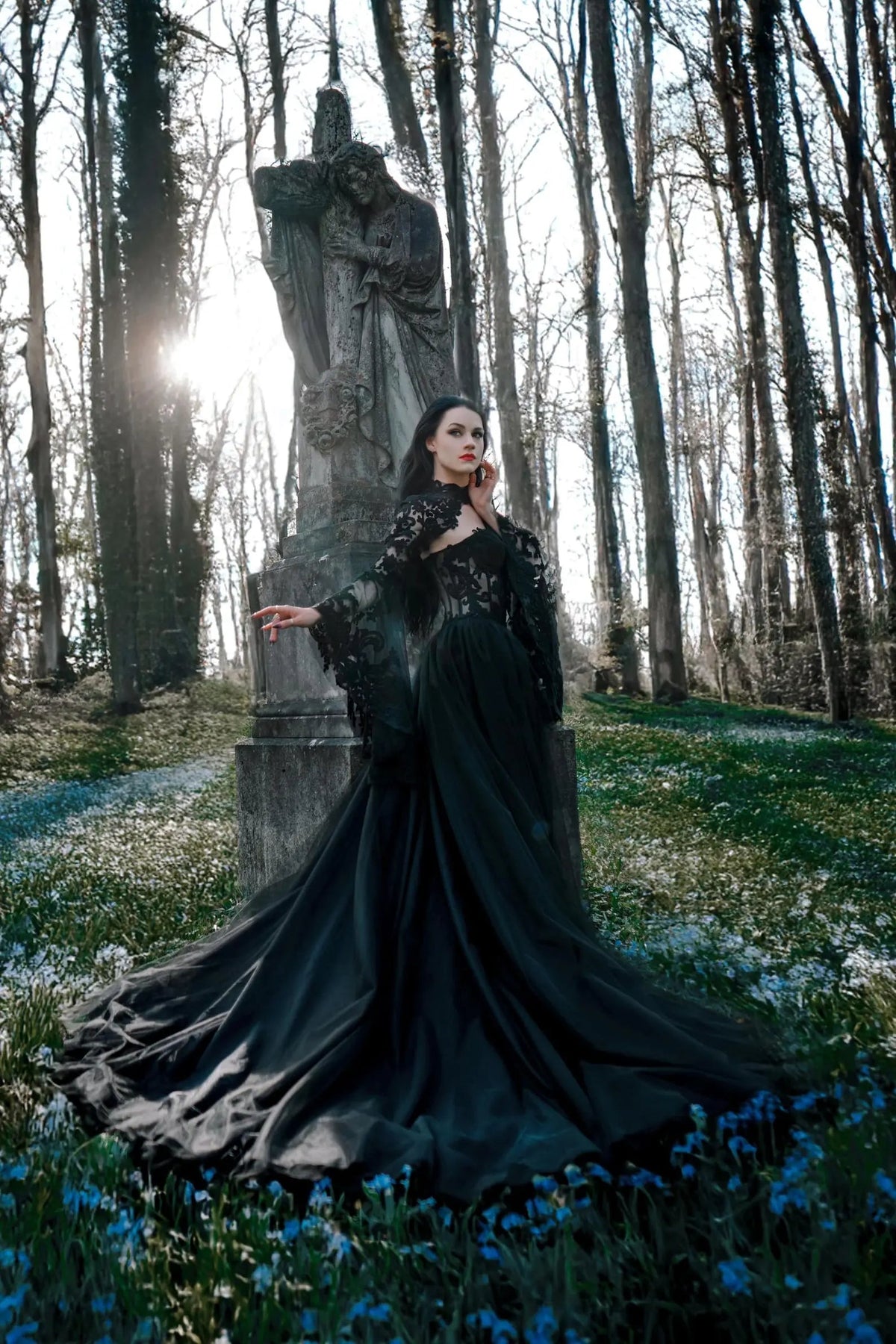 Black Luxury Gothic Wedding Dress Sheer Lace Ball Gown ZP029 - View 8 | VelvetHem