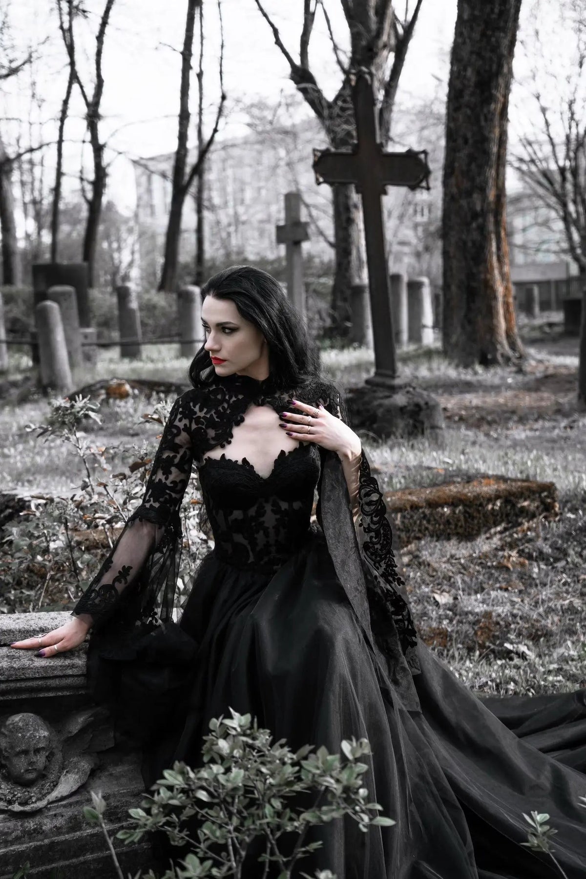 Black Luxury Gothic  Wedding Dress Sheer Lace Ball Gown  ZP029