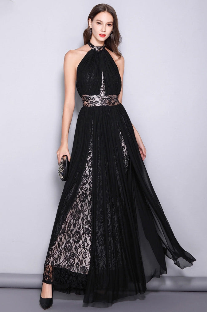 Black Halter Backless Prom Gown Evening Dress - Fashionpara