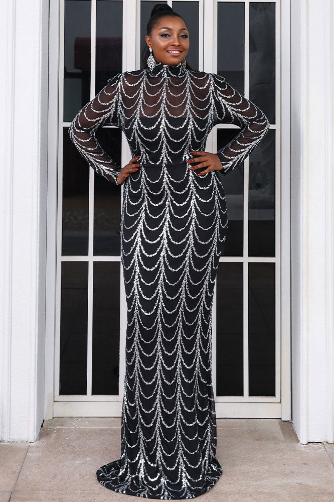 Black High Neck Long Sleeve Evening Prom Dresses - Fashionpara