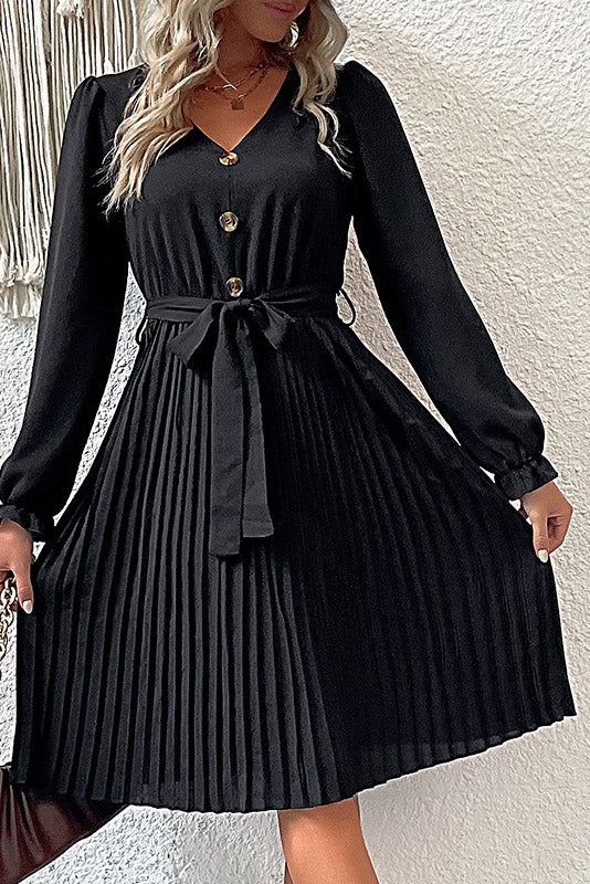 Black Knee Length Pleated Long Sleeve Dress - Fashionpara