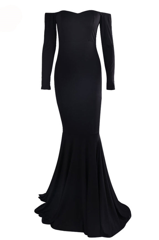 Black Long Sleeve Off Shoulder Evening Prom Dresses - Fashionpara
