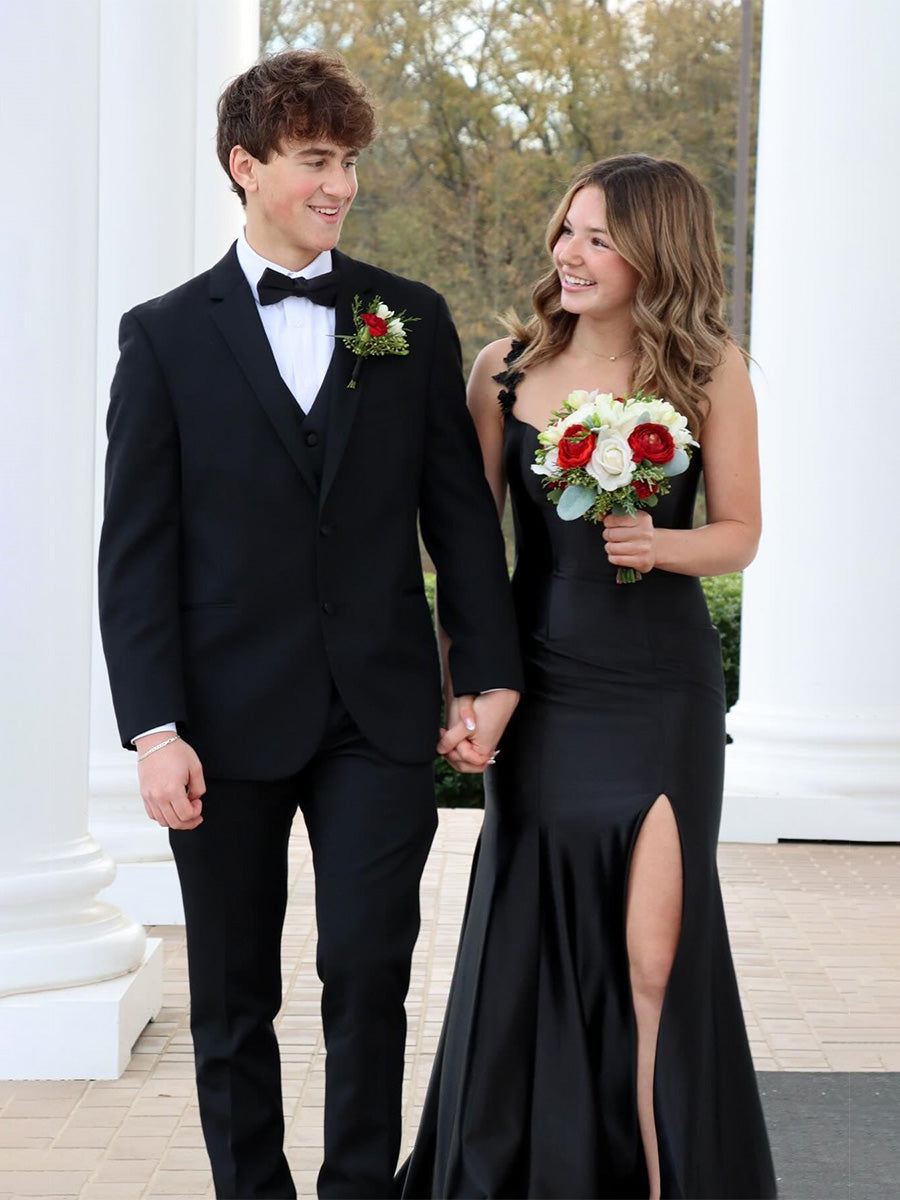 Black Mermaid Flowers Straps Long Prom Dress with Slit - FashionDia