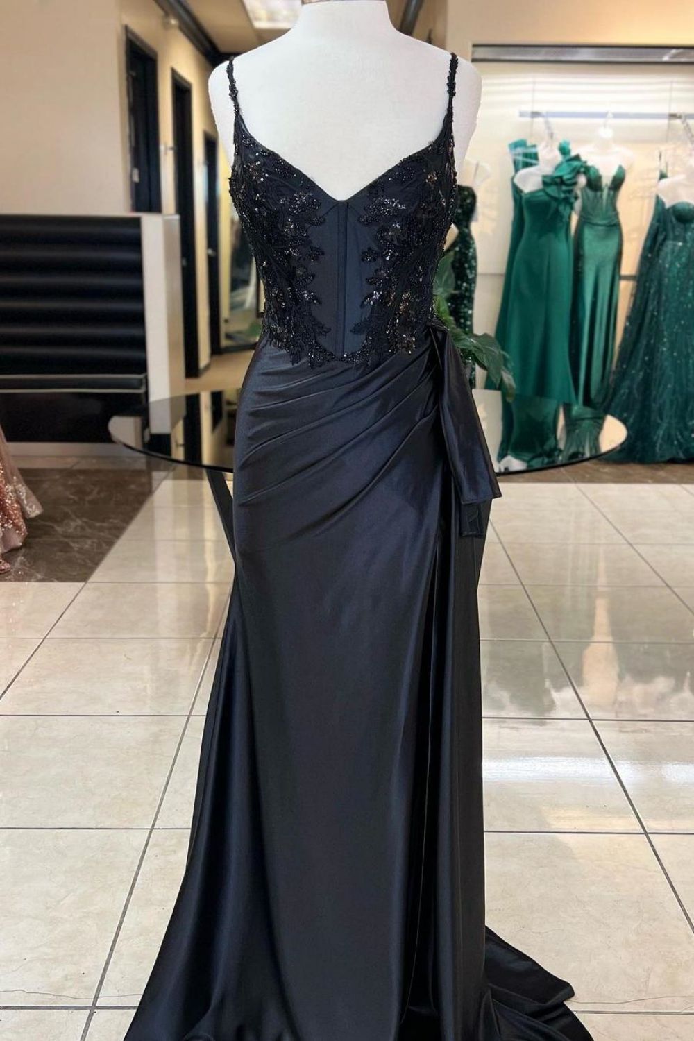 Black Mermaid Spaghetti Straps Long Satin Prom Dress with Sequin - FashionDia