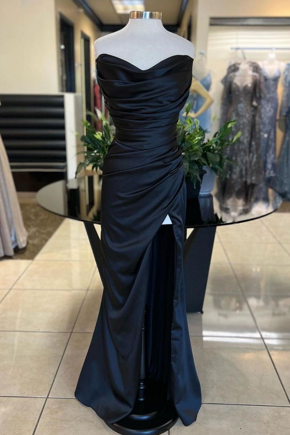 Black Mermaid Strapless Long Satin Pleated Prom Dress with Slit - FashionDia