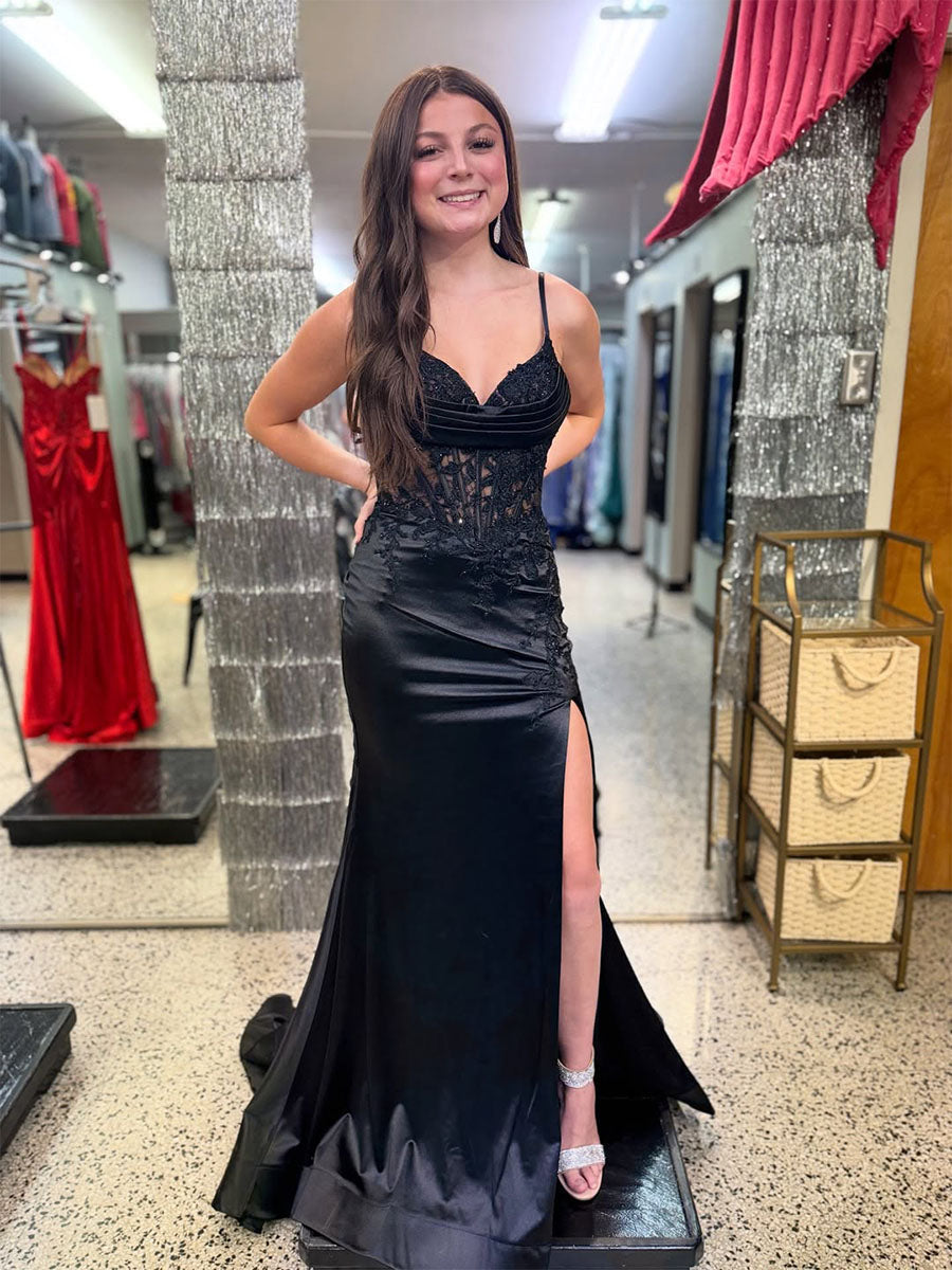 Black Plunging Sweetheart Corset Prom Dress with High Slit - FashionDia