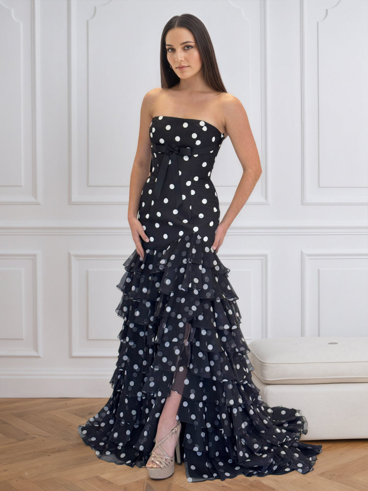Black Polka Dot StraplessTiered Ruffles Mermaid Prom Dress - FashionDia
