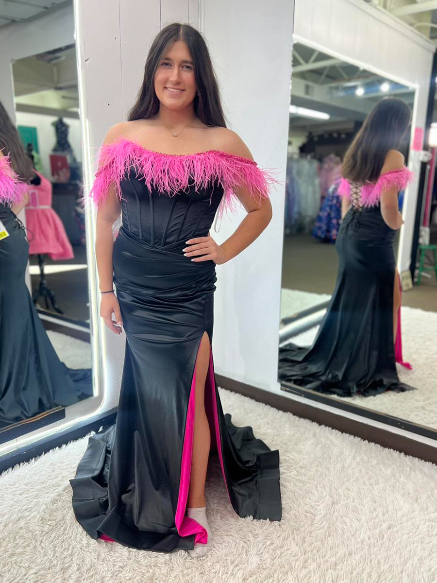 Black Satin Corset Prom Dress with Pink Feather Off-Shoulder Trim - FashionDia