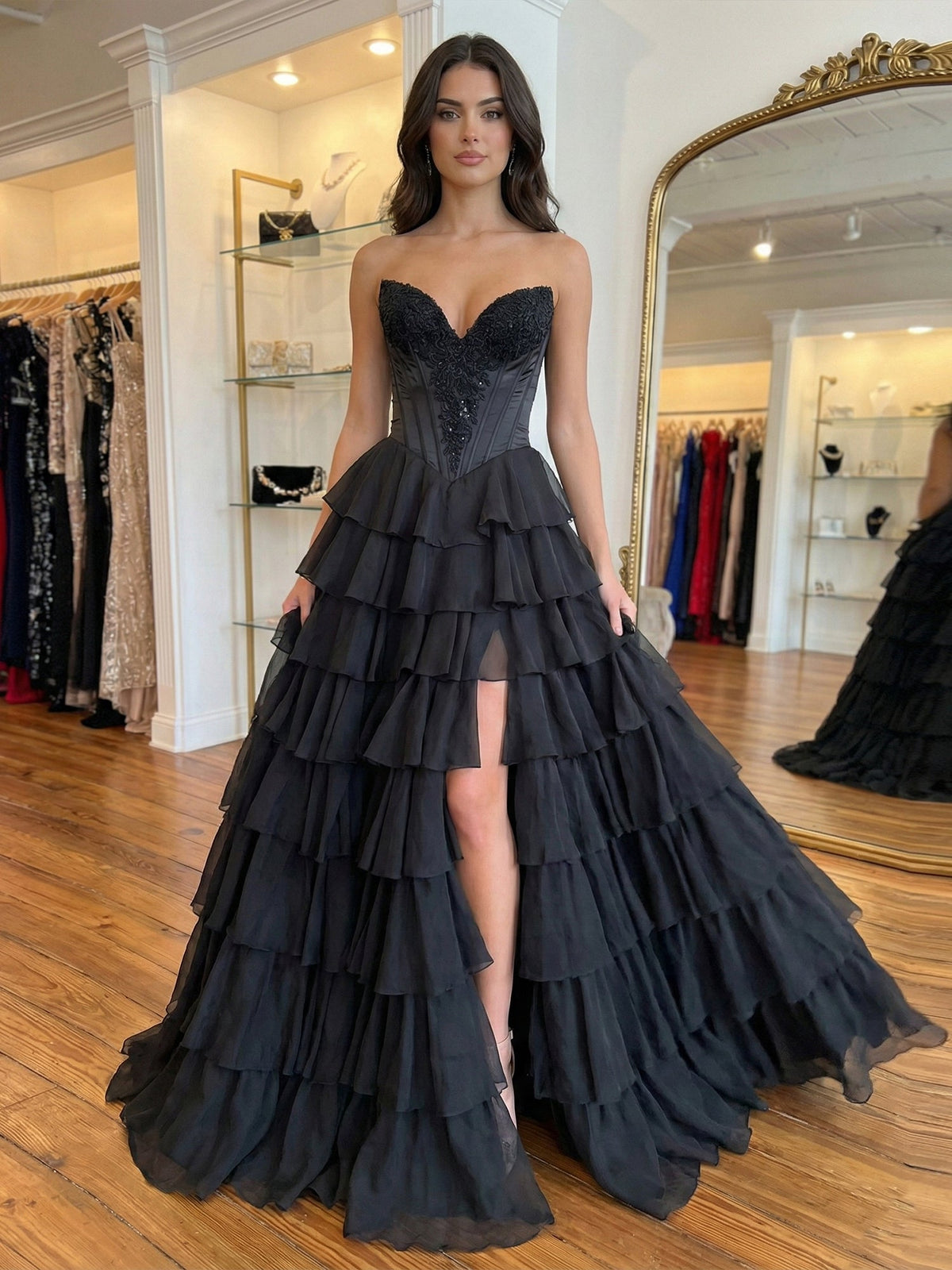 Black Satin Lace Applique Corset Prom Dress with Slit - FashionDia