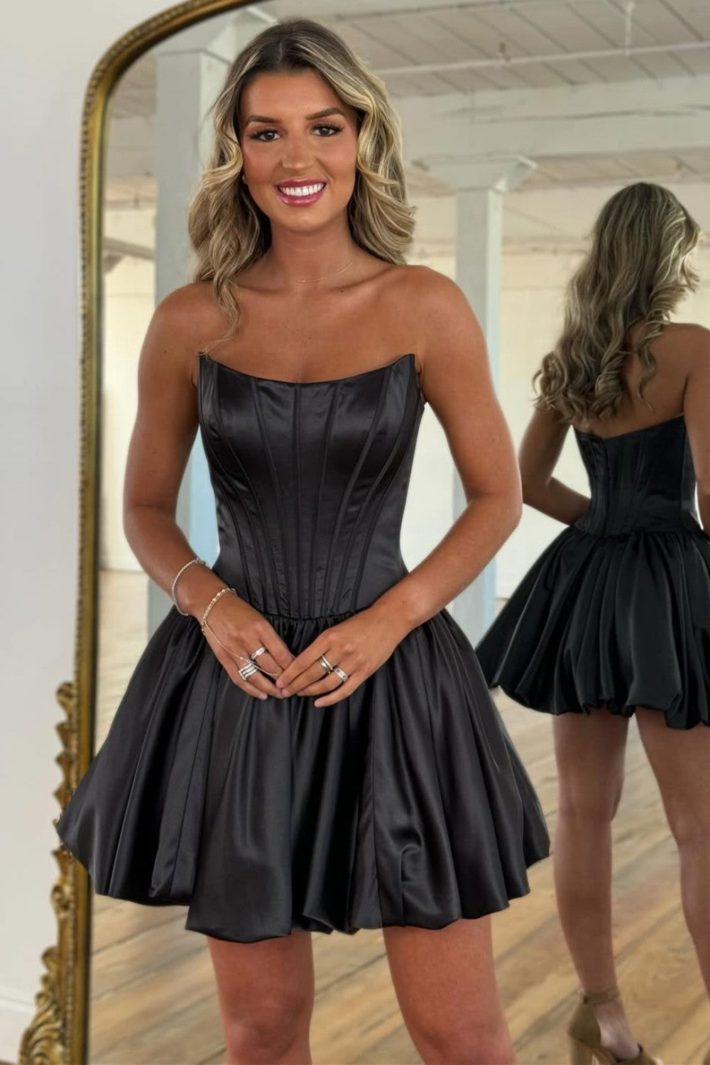 Black Satin Strapless Corset Homecoming Dress with Pleated Flared Skirt