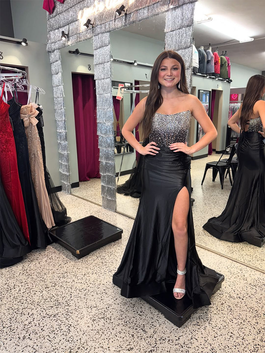Black Satin Strapless Crystal Beaded Corset Prom Dress with High Slit