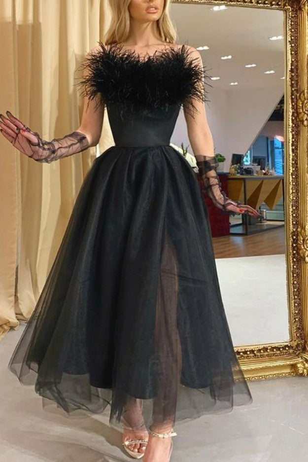 Black Strapless A-Line Prom Party Dress With Feather - Fashionpara
