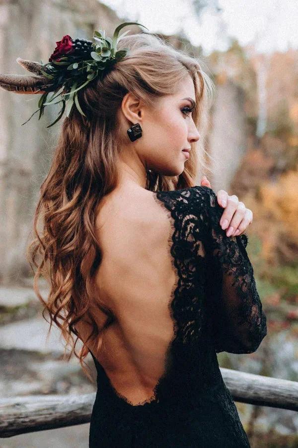 Black Sweetheart Long Sleeves Lace Backless Wedding Dresses (ZD16150)