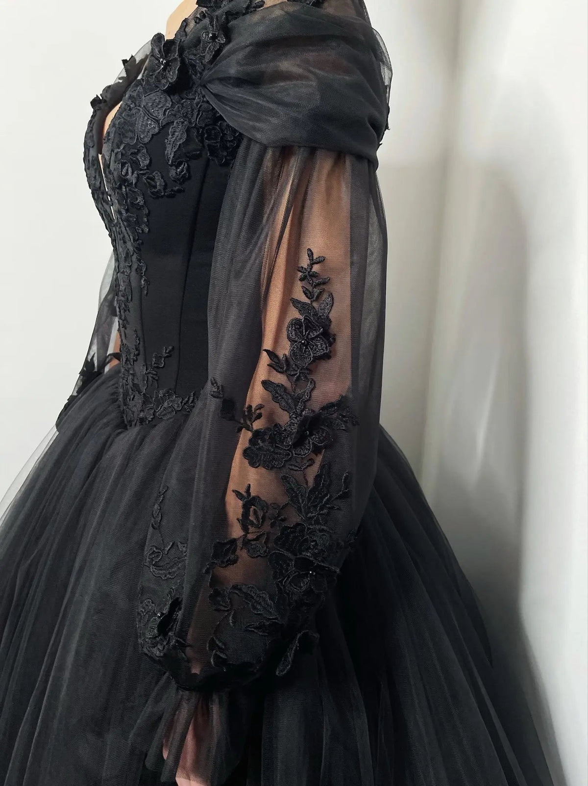 Black Luxury Gothic Wedding Dress 3D Floral Corset Tulle Ball Gown With Train ZP201 - View 8 | VelvetHem