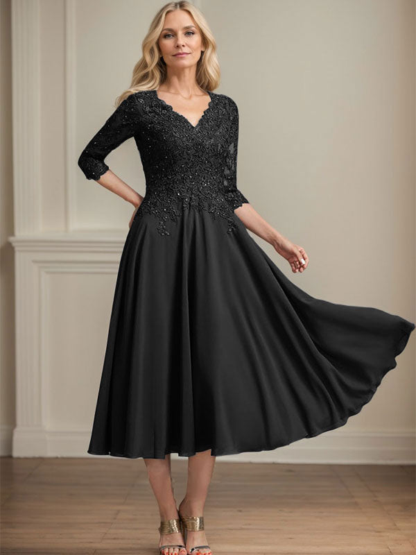 A-line V-Neck Tea-Length Chiffon Lace Mother of the Bride Dress With Beading Sequins - View 9 | FashionDia