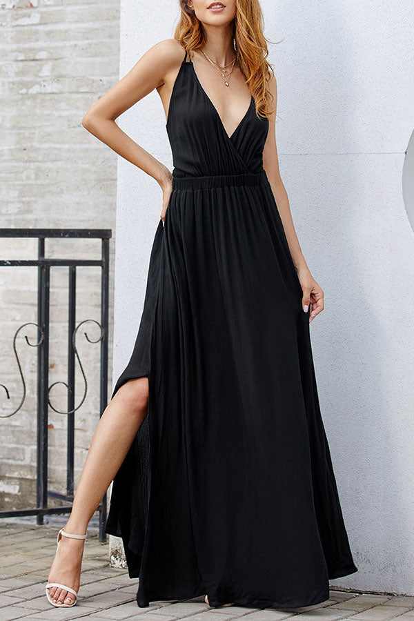 Black V-neck Spaghetti Straps Backless Prom Evening Dress - Fashionpara