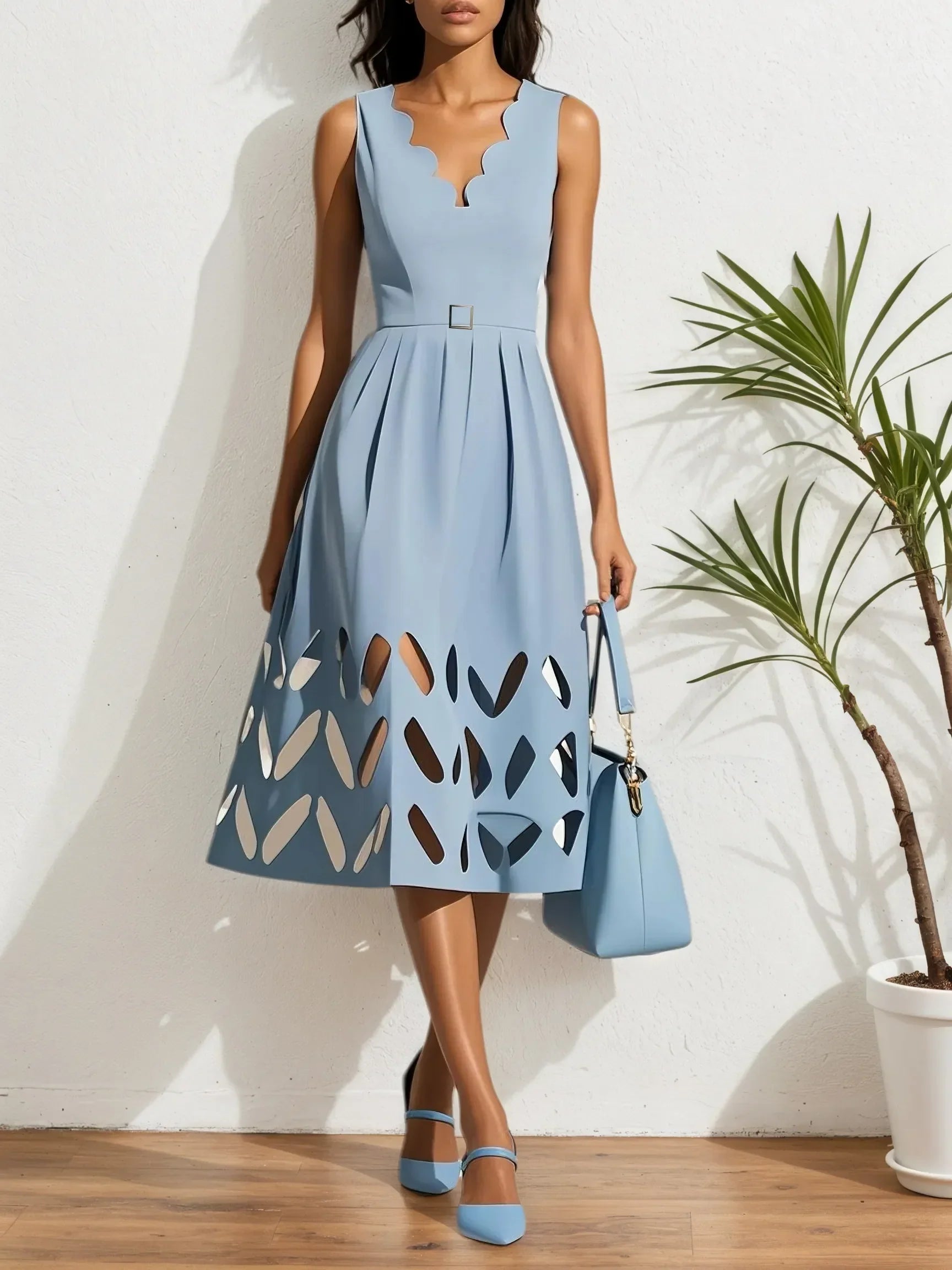 Black Devore Classic V Neck Sleeveless A-Line Midi Dress