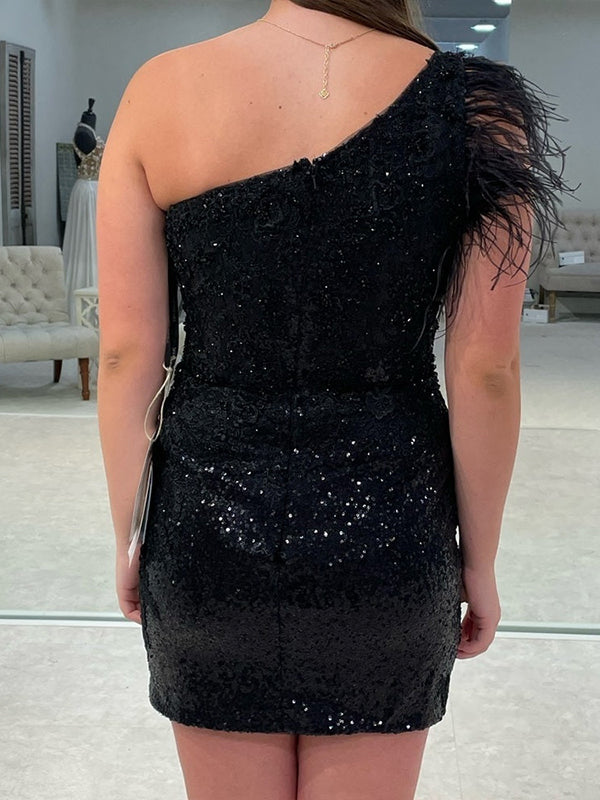 One Shoulder Sequins Bodycon Corset Homecoming Dress with Feather