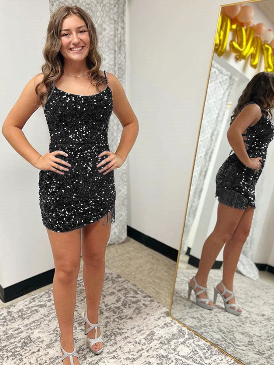 Fitted Spaghetti Straps Short Sequin Homecoming Dress
