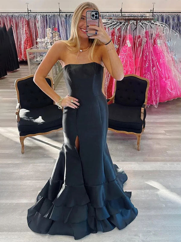 Black Mermaid Strapless Satin Tiered Prom Dress with Slit - FashionDia