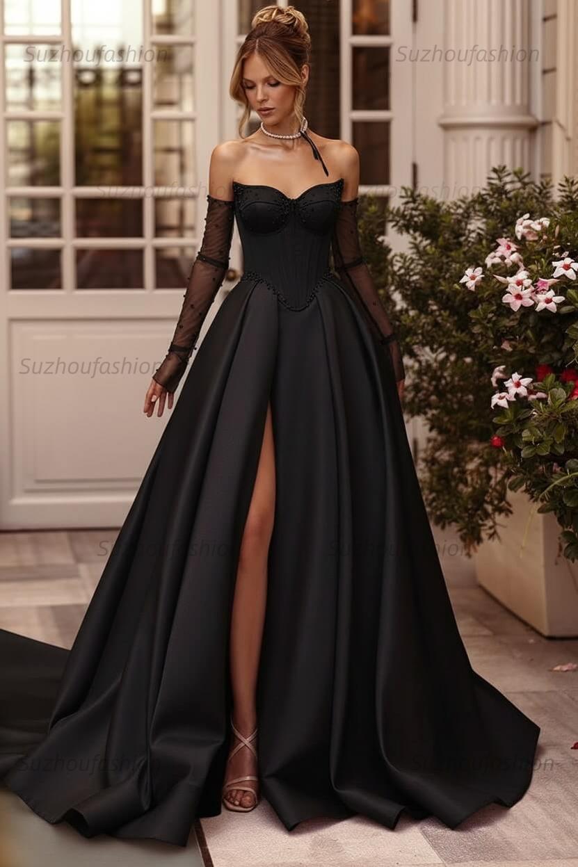 Lilac Prom Dress Beaded A Line Sweetheart Corset Evening Dress with Slit