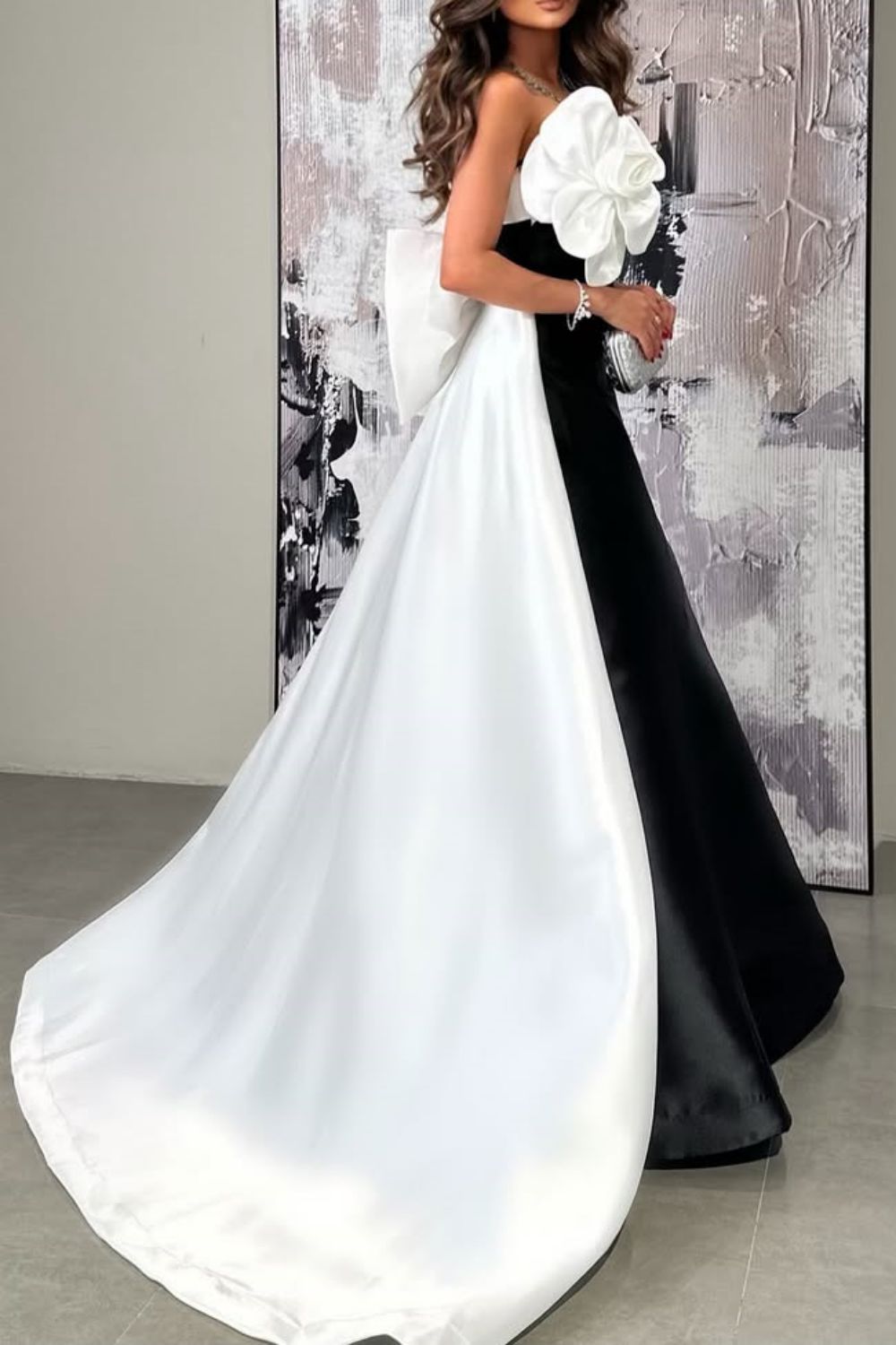 Black and White A-Line Long Satin Party Dress with Flower and Bowknot