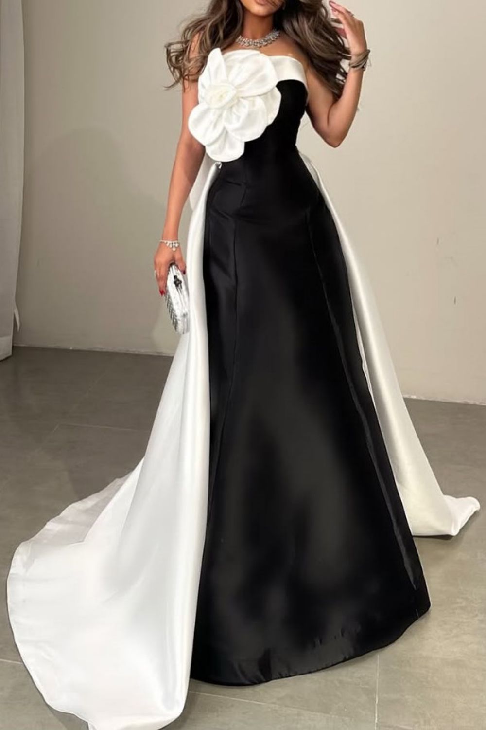 Black and White A-Line Long Satin Party Dress with Flower and Bowknot