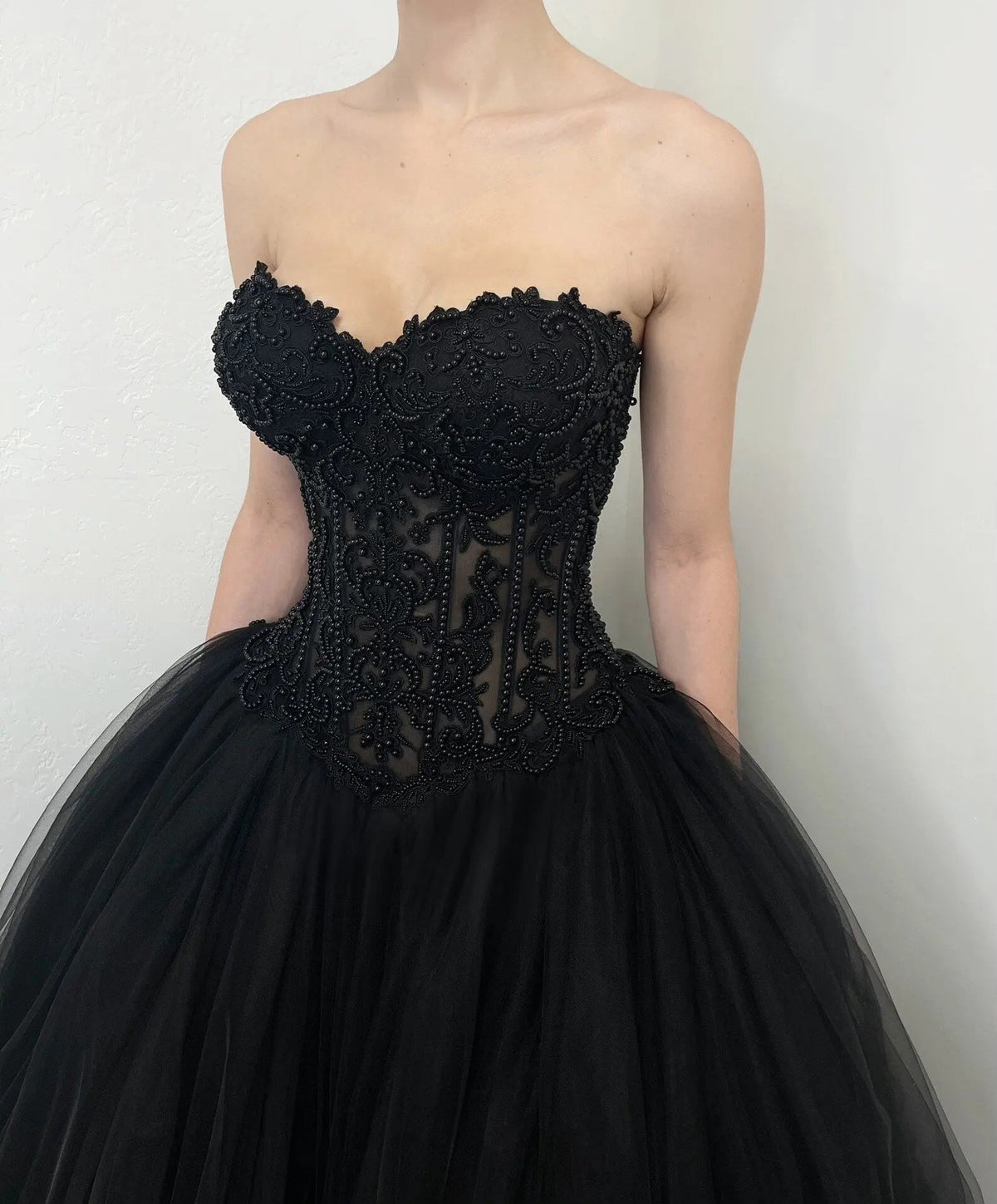 Black Lace Heavy Gothic Beading Wedding Dress Ballgown Corset Closure  ZP202