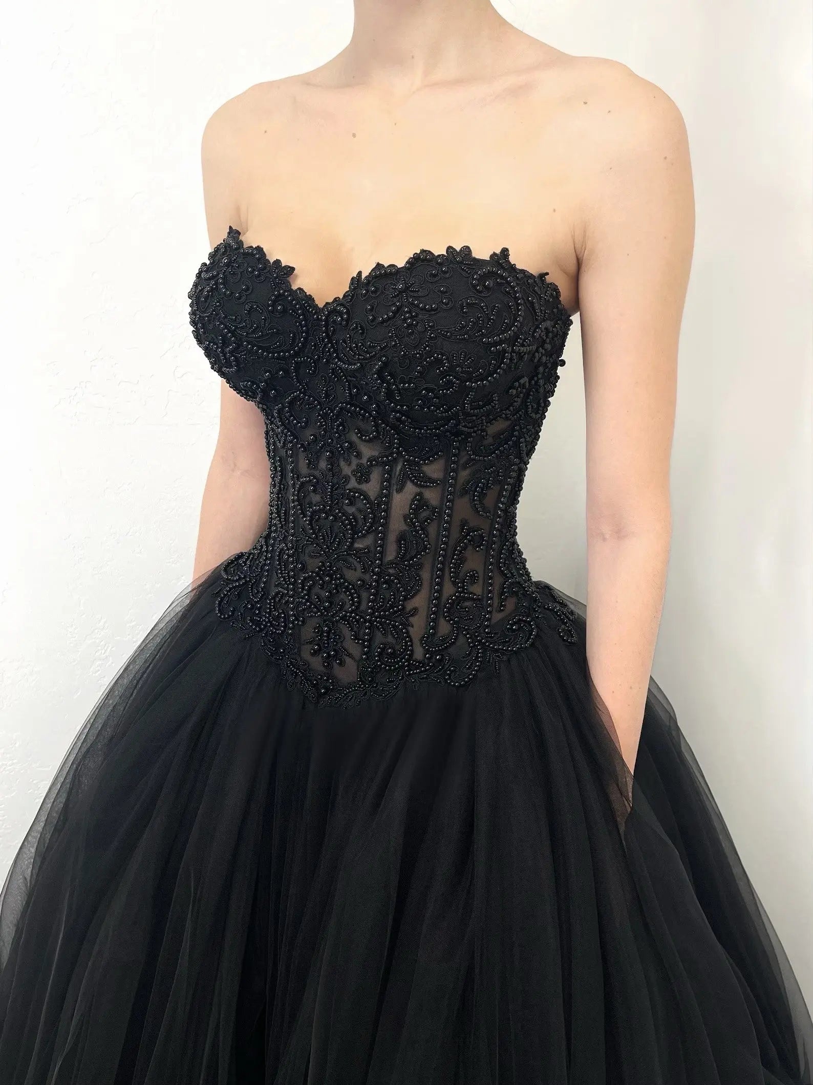 Black Lace Heavy Gothic Beading Wedding Dress Ballgown Corset Closure  ZP202