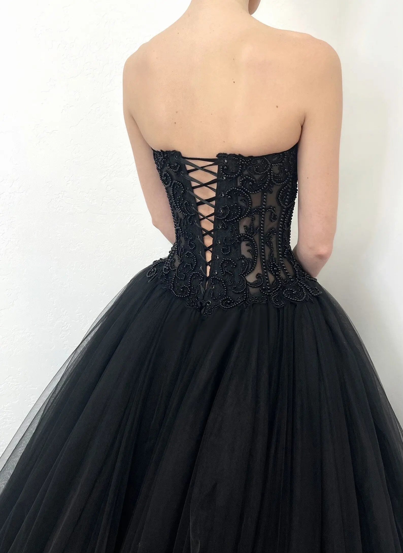 Black Lace Heavy Gothic Beading Wedding Dress Ballgown Corset Closure  ZP202