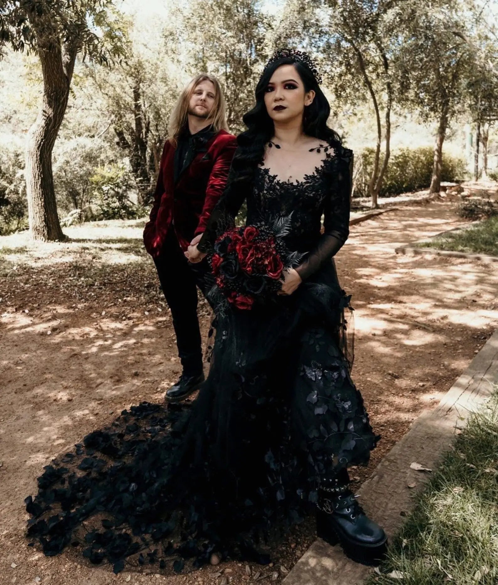 Black Luxury Gothic Wedding Dress 3D Floral Lace Tulle Sweep Train ZP026