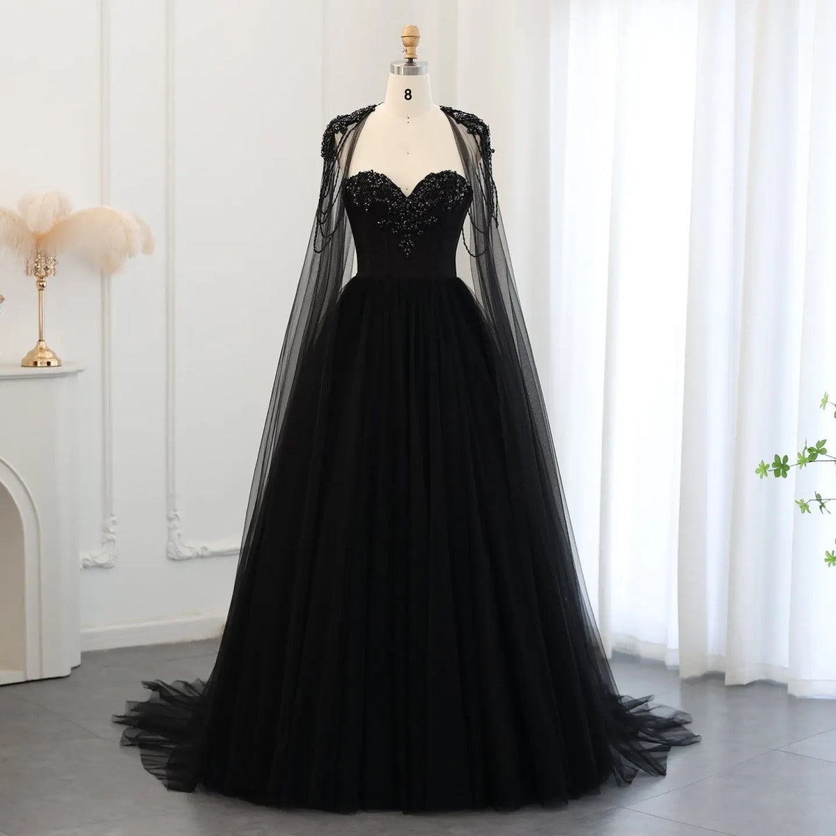 Black Luxury Gothic Wedding Dress Beaded Tulle Ball Gown With Sheer Beaded Cape ZP028 - View 3 | VelvetHem