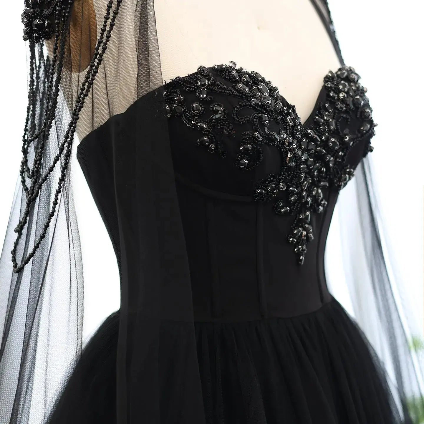 Black Luxury Gothic  Wedding Dress Beaded Tulle Ball Gown With Sheer Beaded Cape ZP028