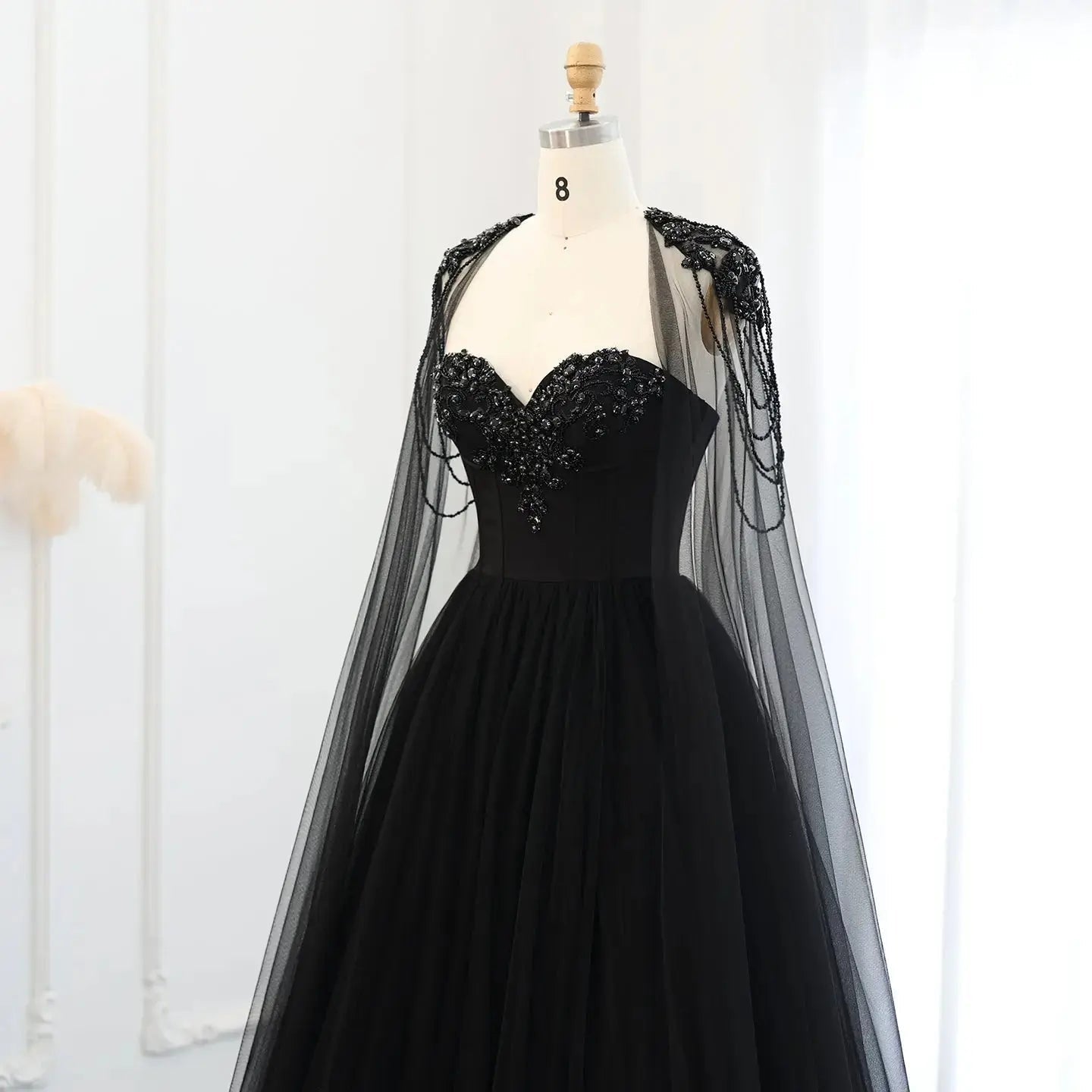 Black Luxury Gothic  Wedding Dress Beaded Tulle Ball Gown With Sheer Beaded Cape ZP028
