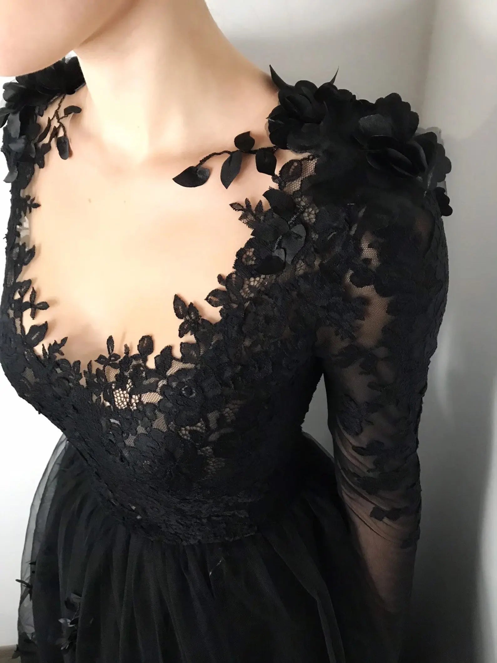 Black Luxury Gothic Wedding Dress 3D Floral Lace Tulle Sweep Train ZP026