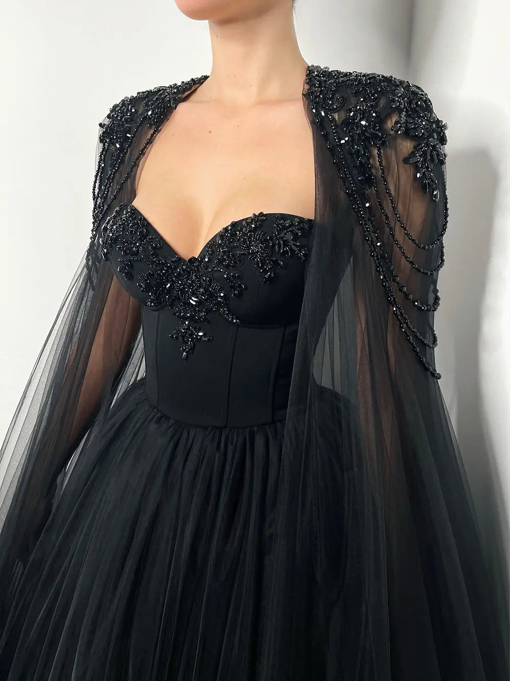 Black Luxury Gothic  Wedding Dress Beaded Tulle Ball Gown With Sheer Beaded Cape ZP028