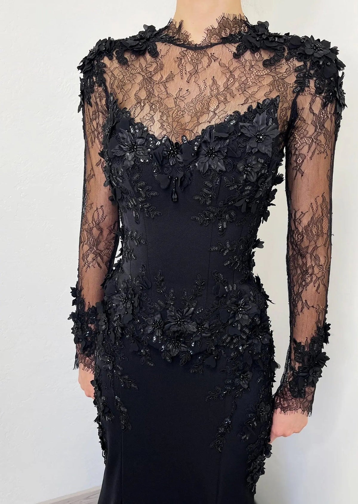 Black Luxury Gothic Wedding Dress Mermaid 3D Floral  With Lace Edge Train ZP194