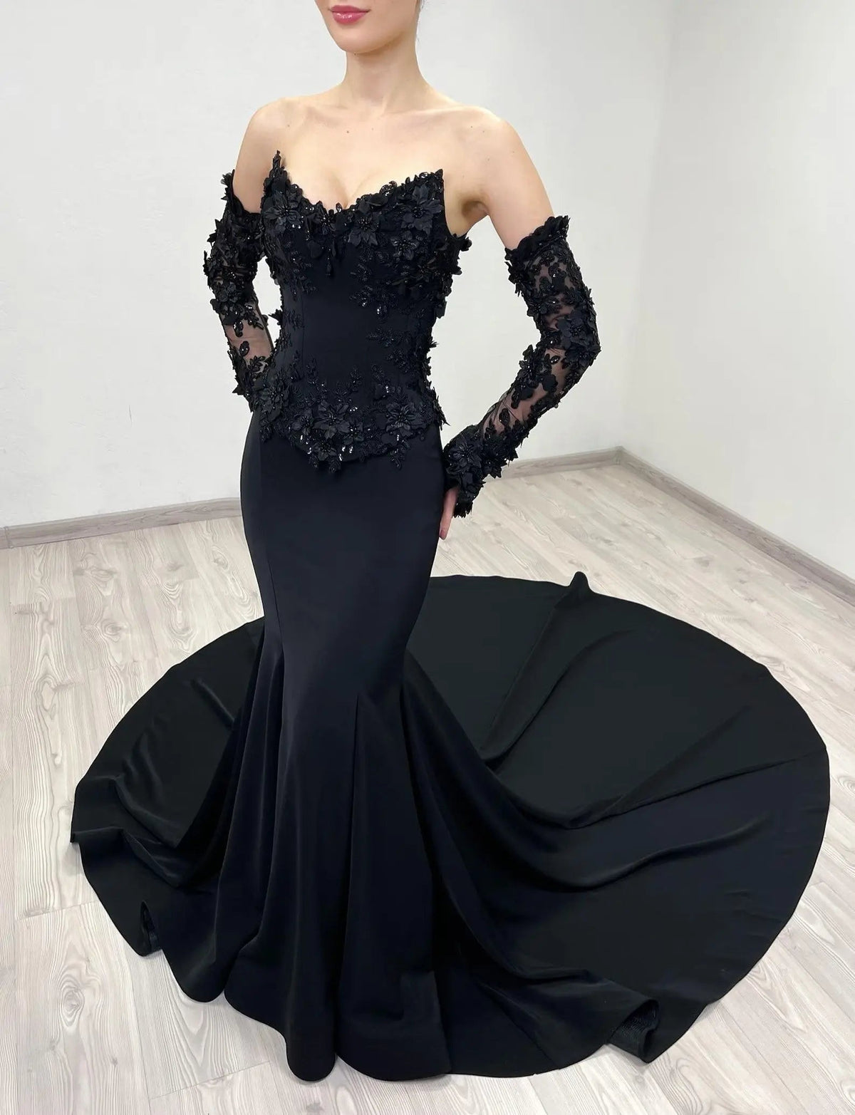 Black Luxury Gothic Wedding Dress Mermaid 3D Floral Lace  ZP195