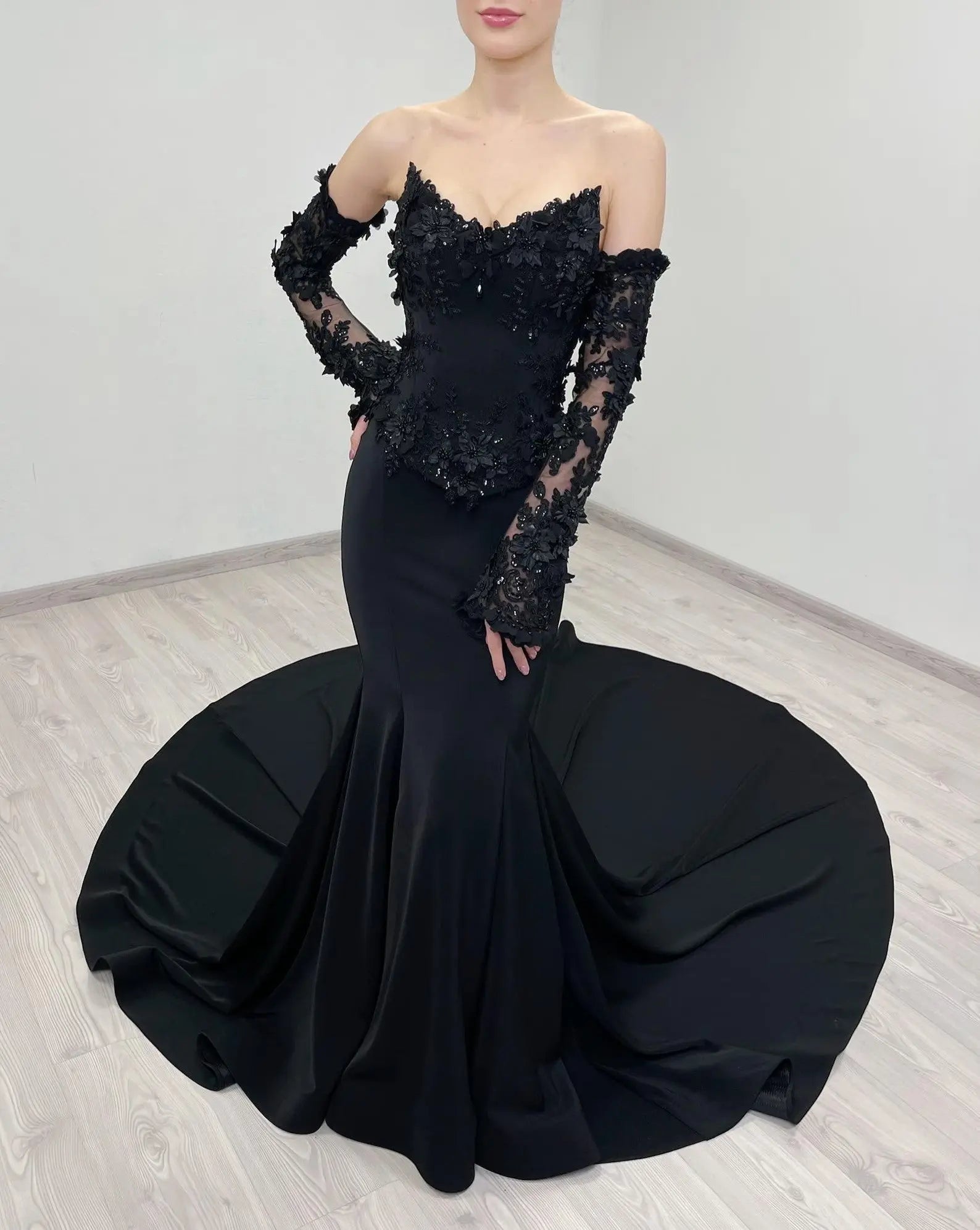 Black Luxury Gothic Wedding Dress Mermaid 3D Floral Lace  ZP195