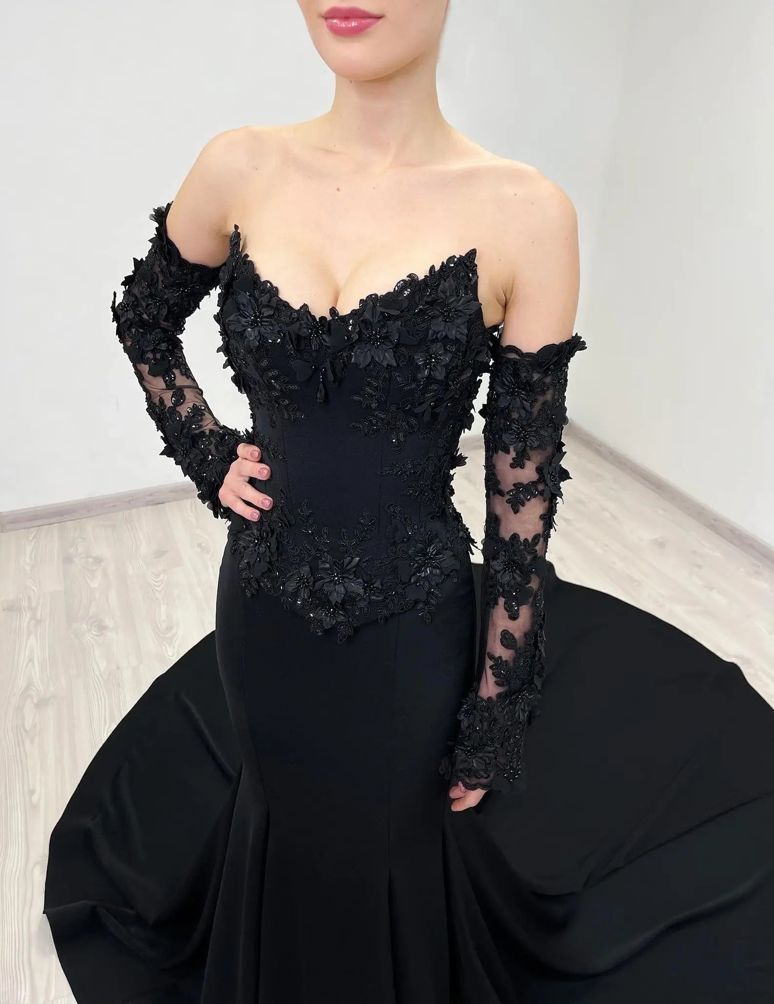 Black Luxury Gothic Wedding Dress Mermaid 3D Floral Lace  ZP195