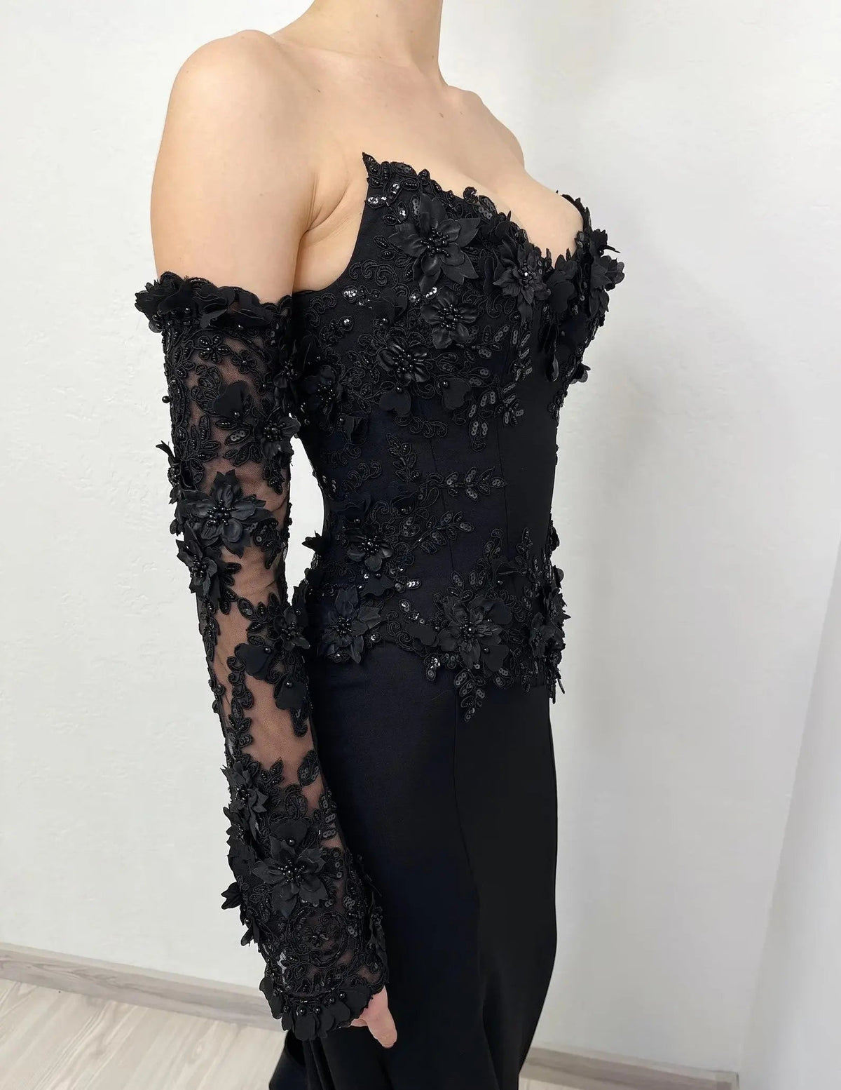 Black Luxury Gothic Wedding Dress Mermaid 3D Floral Lace  ZP195