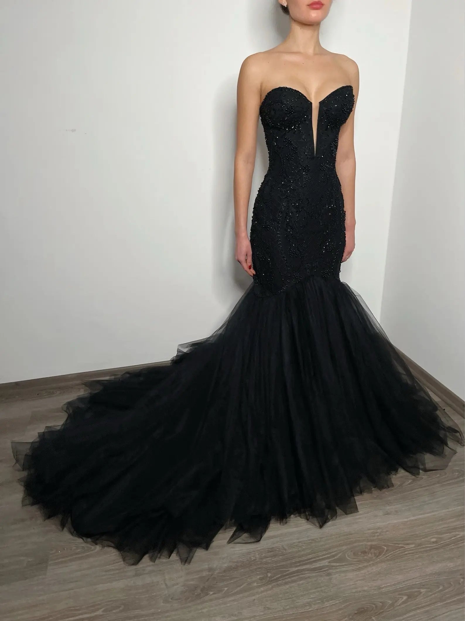 Black Luxury Gothic Wedding Dress Mermaid Beaded Lace Tassel Cape  ZP196
