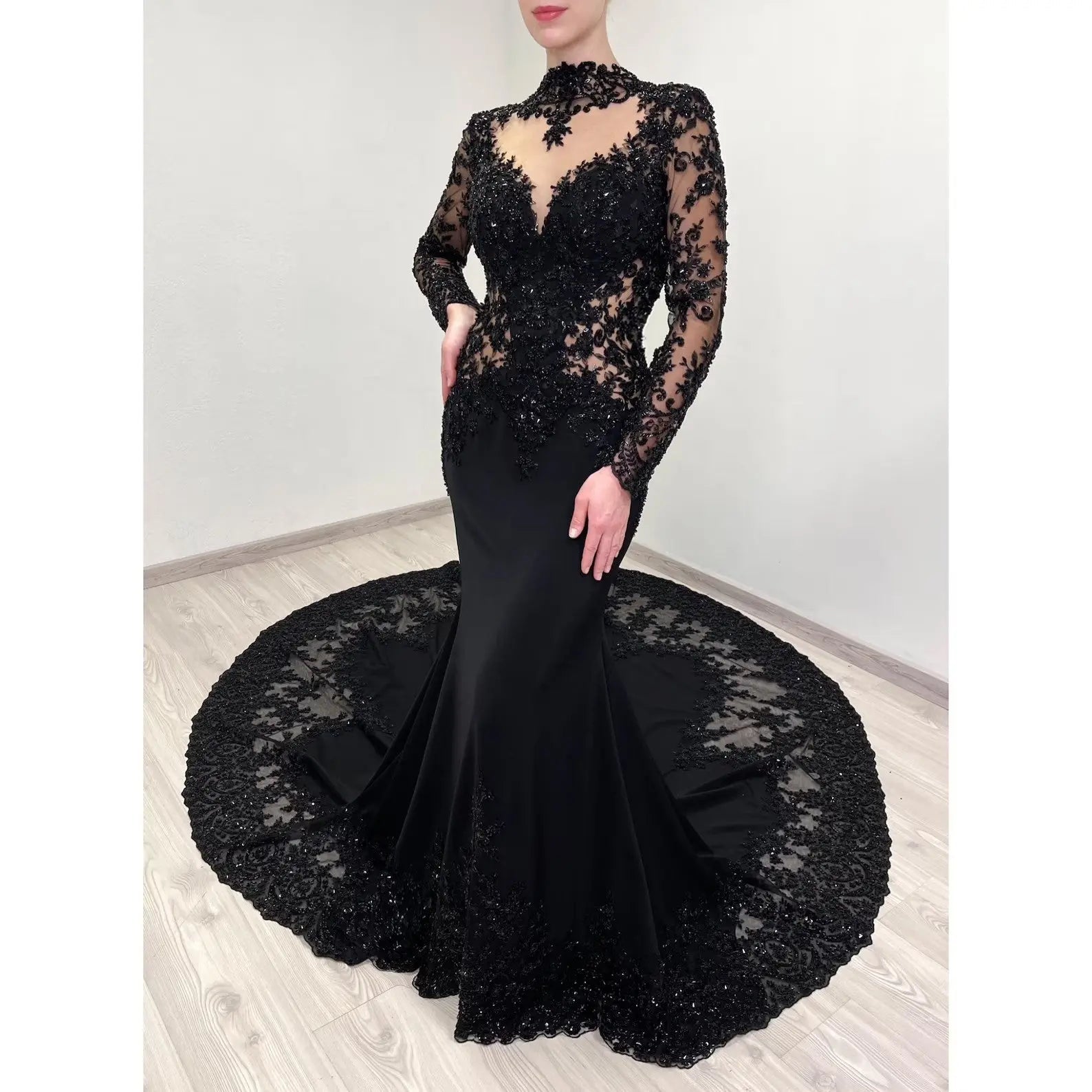 Black Luxury Gothic Heavy Beading Wedding Dress Mermaid Sheer Full Lace Circular Train ZP193