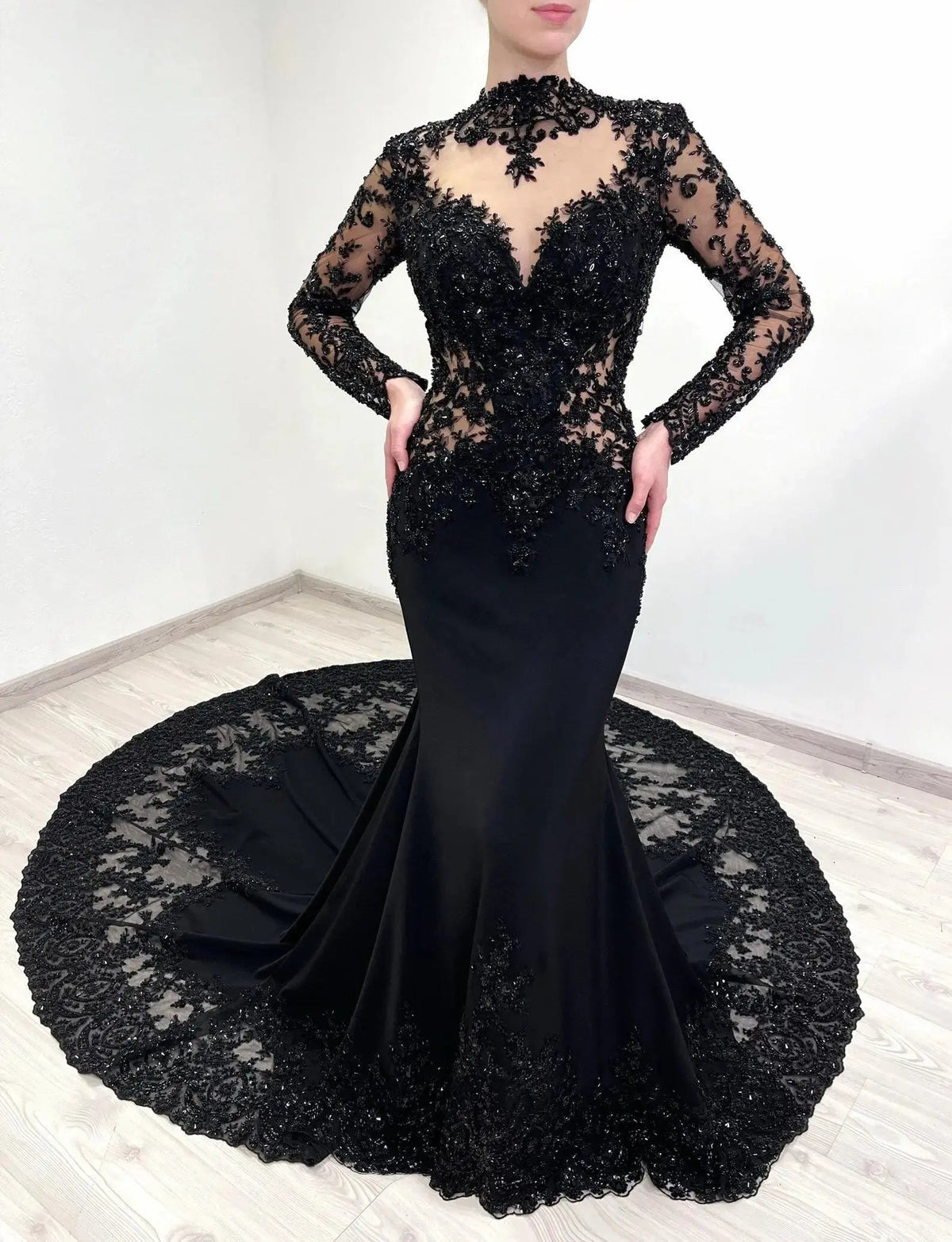 Black Luxury Gothic Heavy Beading Wedding Dress Mermaid Sheer Full Lace Circular Train ZP193