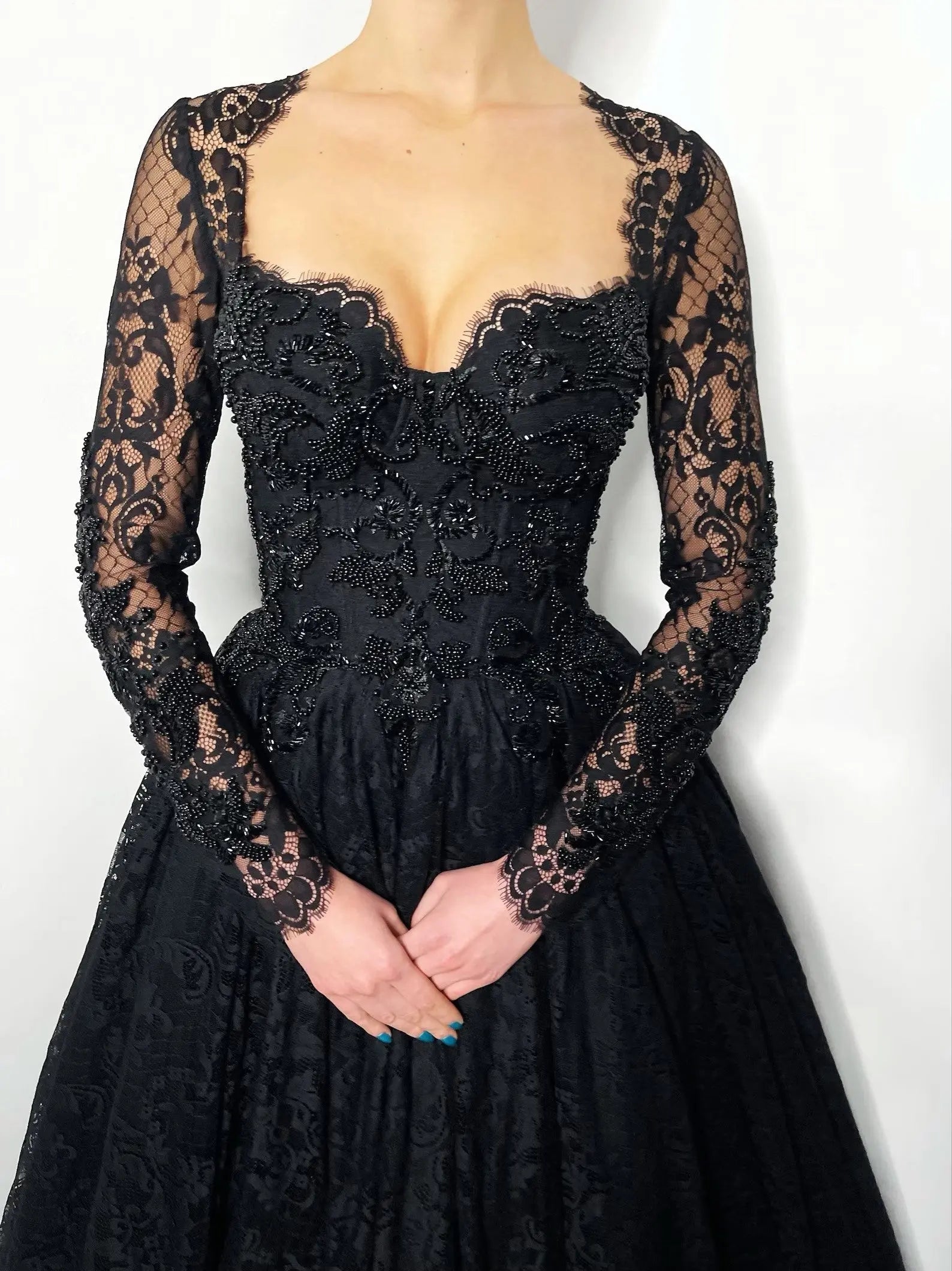 Black Luxury Gothic Wedding Dress Heavy Beaded Lace Ball Gown  ZP197