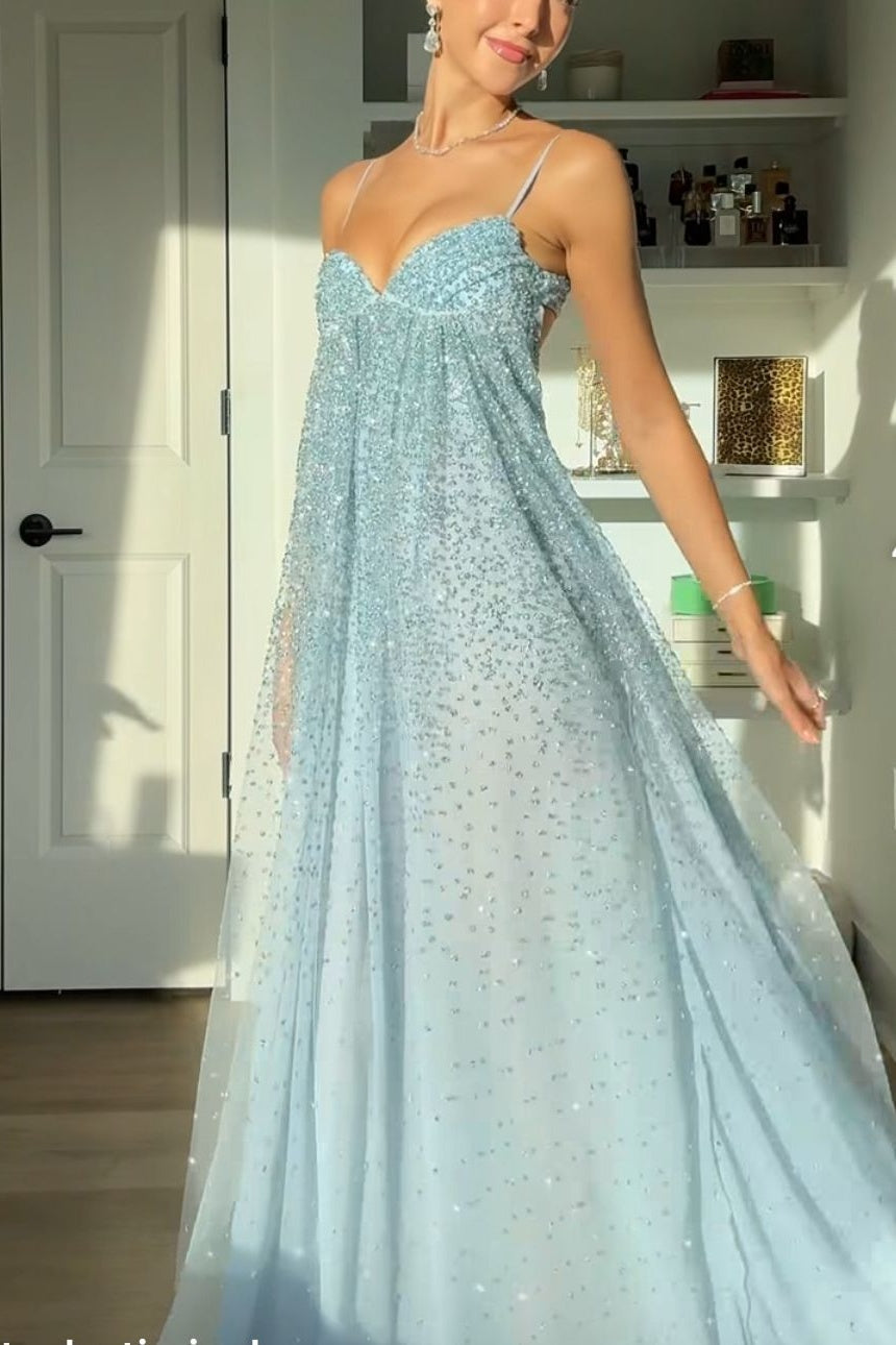 Shine A Line Spaghetti Straps Grey Blue Long Prom Dress